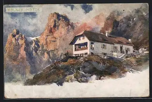 Künstler-AK Edward Theodore Compton: Kölner Hütte, Blick auf die Hütte und ins Gebirge