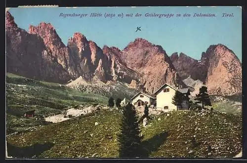 AK Regensburger Hütte, Ansicht mit der Geislergruppe in den Dolomiten