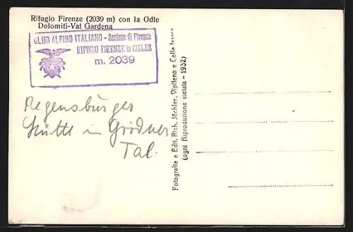 AK Rifugio Firenze con la Odle, Dolomiti, Val Gardena