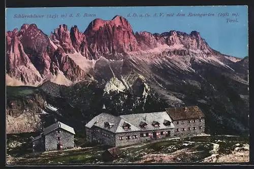 AK Schlernhaus, Ansicht mit den Rosengarten