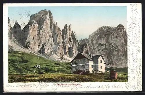 AK Grödnerjoch-Hospiz vor Bergpanorama