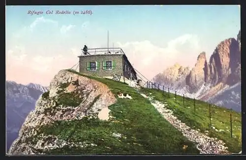 AK Col Rodella-Haus, Motiv mit Langkofelgruppe und Rosengarten