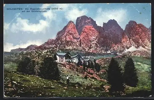 AK Regensburgerhütte mit Geislerspitzen, Dolomiten