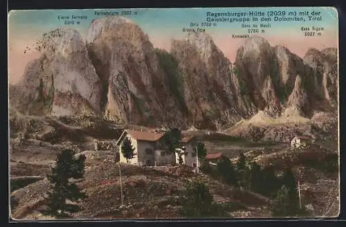 AK Regensburger-Hütte mit der Geisslerhütte, Dolomiten