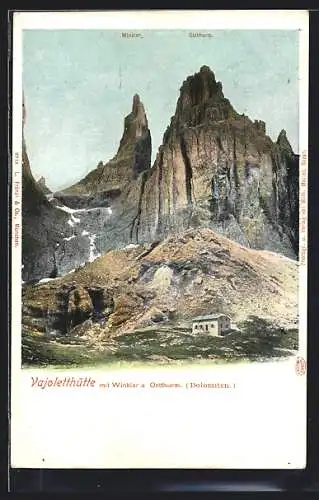 AK Vajoletthütte, Berghütte mit Winkler und Ostturm, Dolomiten