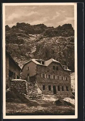 AK Cölnerhütte, Berghütte gegen das Tschagerjoch in den Rosengarten-Dolomiten