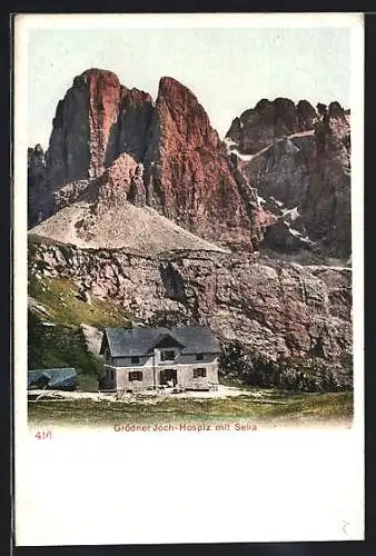 AK Grödnerjoch-Hospiz, Ansicht der Berghütte gegen Sella