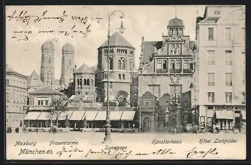 AK München, Frauentürme, Synagoge und Hotel Leinfelder