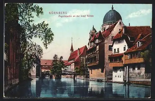 AK Nürnberg, Pegnitzpartie an Insel Schütt mit Synagoge