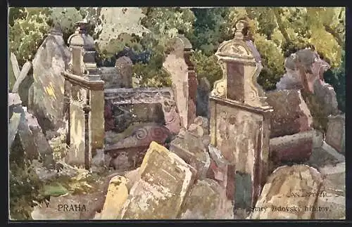 Künstler-AK Praha, Stary zidovsky hrbitov, Jüdischer Friedhof