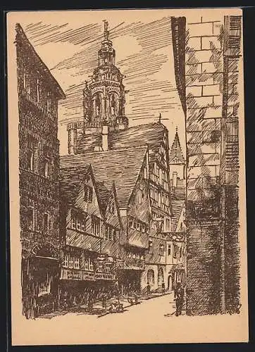 Künstler-AK Heilbronn, Kirchbrunnenstrasse mit alten Häusern