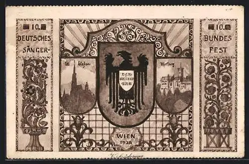 Künstler-AK Leipzig, 10. deutsches Sängerbundesfest 1928, Wappen und Wartburg