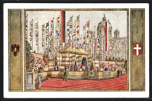 Künstler-AK Wien, Fest-Postkarte des 10. Deutschen Sängerbundesfestes mit Wappen, 1928