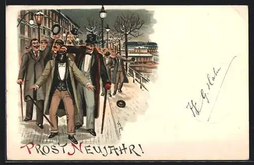 AK Feiernde auf dem Gehweg spielen einen kleinen Streich, Neujahrsgruss