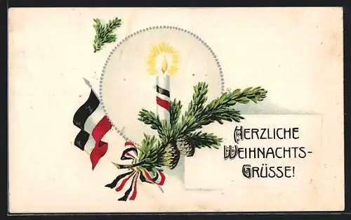 AK Weihnachtsgruss mit Fahne, Kerze und Tannenzweig