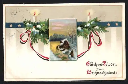 AK Winteridylle mit National-Banderole und Kerzenschein, Weihnachtsgruss