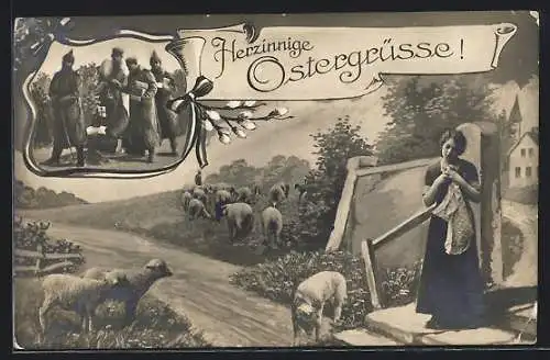 AK Heimat-Idylle und Soldaten an der Front, Ostergruss