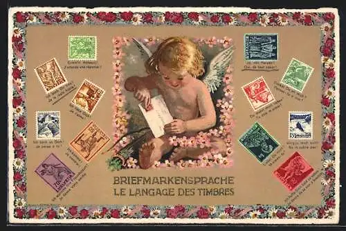 AK Langage des Timbres / Briefmarkensprache, Amor mit Liebesbrief