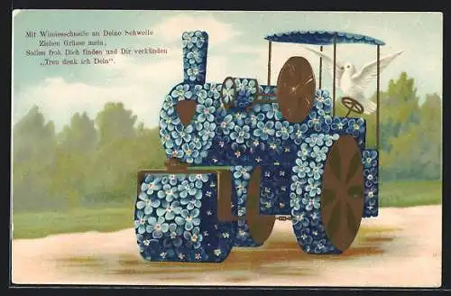 AK Traktor mit Vergissmeinnicht, Gereimter Gruss