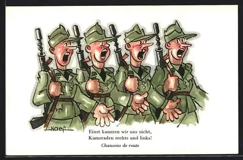 AK Singende schweizer Soldaten in Uniform mit Gewehr