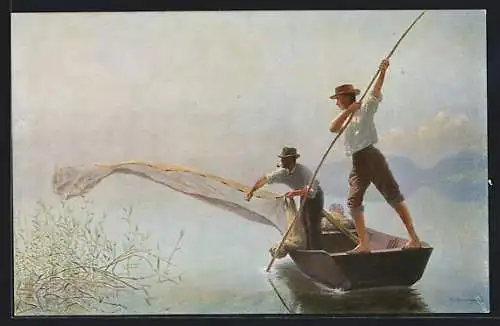 Künstler-AK Fischer wirft das Fangnetz von einem Boot aus in den See, Pro Juventute