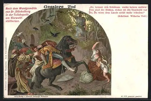 Künstler-AK Tellskapelle am Vierwaldstätter See, Wandgemälde Gessler`s Tod, Wilhelm Tell