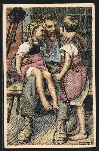 AK Schweizer Soldat nimmt bei der Heimkehr seine Kinder in den Arm