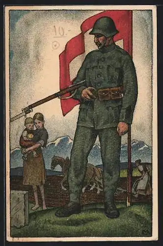 AK Schweizer Soldat in Uniform mit Gewehr mit schweizer Fahne