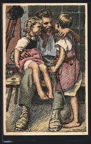 AK Schweizer Soldat nimmt bei der Heimkehr seine Kinder in den Arm