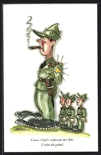 Künstler-AK Rauchender schweizer Befehlshaber, Unser `Chef` während der RS, Karikatur