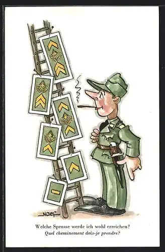 AK Schweizer Soldat vor einer Leiter mit Abzeichen