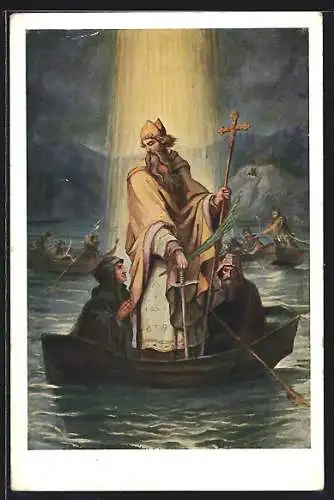 Künstler-AK Geistlicher mit Schwert in einem Ruderboot