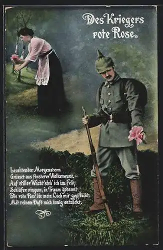 AK Des Kriegers rote Rose, Infanterist in Uniform mit Pickelhaube mit Gewehr