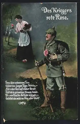 Künstler-AK Deutscher Soldat mit Rose seiner Liebsten