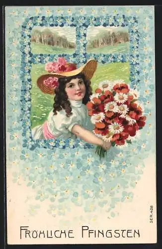 Künstler-AK Mädchen mit Blumenstrauss zu Pfingsten, Blumenbild