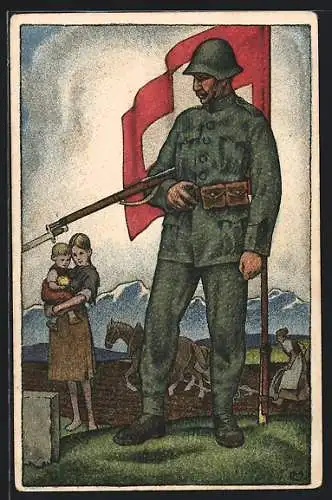 AK Soldat der schweizer Armee verabschiedet sich von seiner Familie, Schweizer Fahne