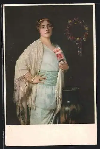 Künstler-AK Meissner & Buch (M&B) Nr.2365: Frau mit grosser Vase, Blumenkranz an der Wand