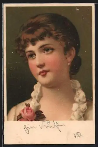 Lithographie Schöne Frau mit Rosen und weissem Kleid