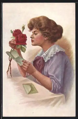 Künstler-AK Schöne Frau erhält Liebesbrief und Rosen