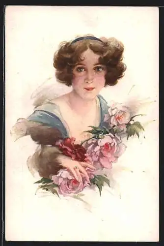 AK Junge Dame mit braunem Haar und Blumen