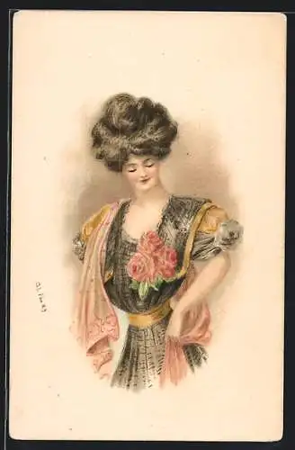 Künstler-Lithographie G. L. Pew: Dame mit Rosen am Kleid