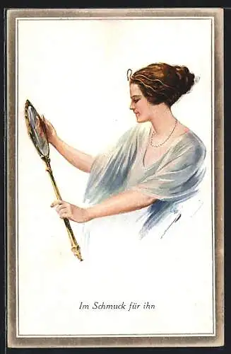 AK Frau betrachtet sich im Spiegel