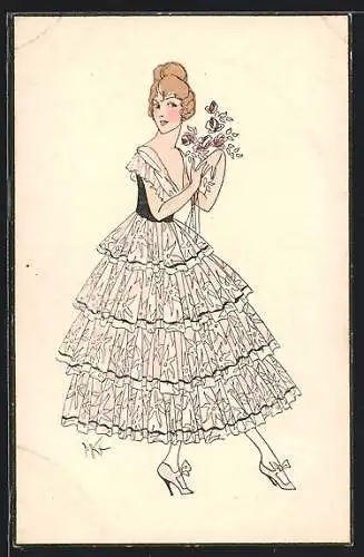 Künstler-AK Junge Frau im rosanen Kleid mit Rosenstrauss in der Hand