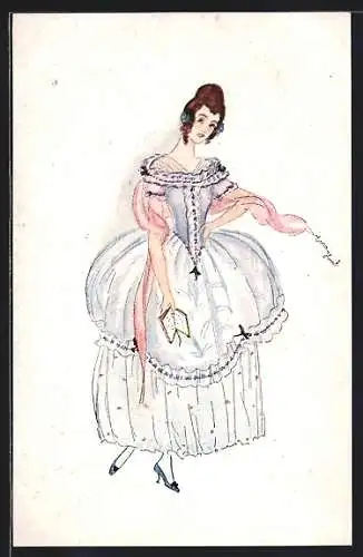 Künstler-AK Junge Frau im eleganten Kleid mit Buch