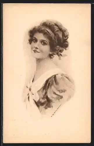 Künstler-AK Junge schöne Frau im dunklen Kleid mit weisser Schleife