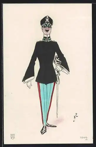 Künstler-AK Italienischer Soldat in Uniform mit blauer Hose und Degen