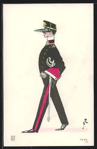 Künstler-AK Italienischer Soldat in Uniform mit zu grosser Schirmmütze