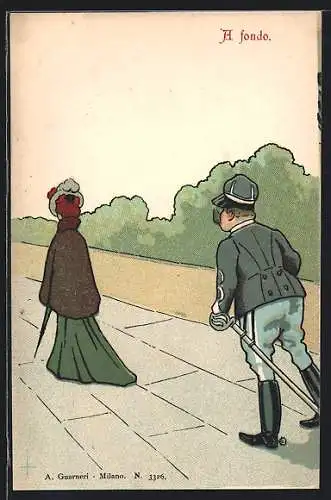 Künstler-AK A fondo, italienischer Soldat läuft einer Dame hinterher