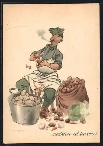 Künstler-AK Cuciniere al alvoro, italienischer Soldat als Kartoffelschäler