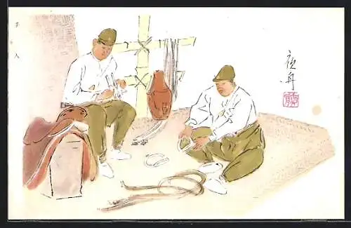 Künstler-AK Japanische Soldaten bei der Pflege und Vorbereitung der Pferdeausrüstung